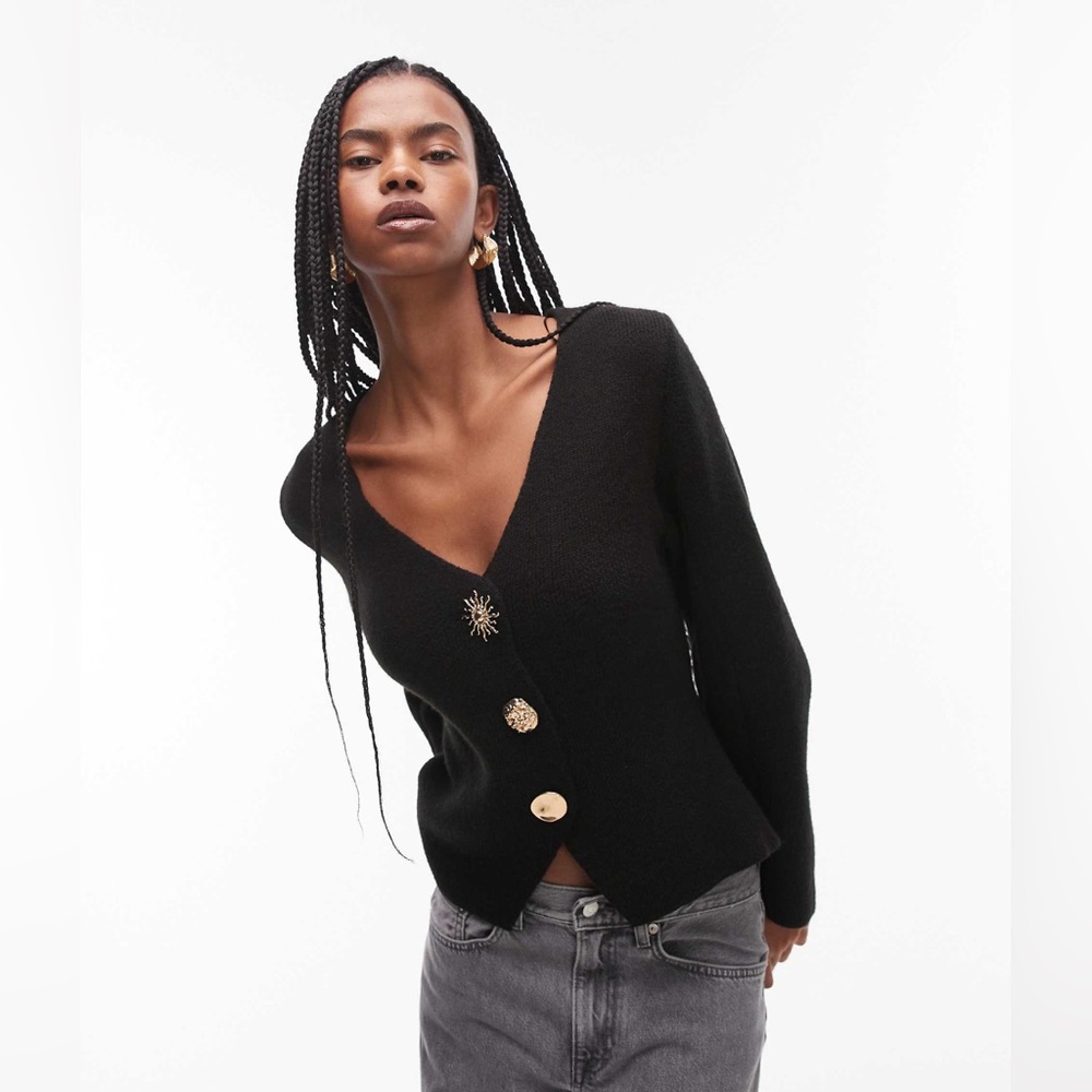 Mango Women's Black Oversized Cardigan With Gold Sun Button Detail